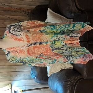 CHICO'S Womens L/XL Button Down Linen Kimono Top/Cover Up Floral Short Sleeve